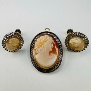 Vintage Cameo Filigree Brooch Pendant and Clip Earrings Set 12K Gold Filled